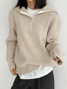 DAZY 1pc Quarter Zip Drop Shoulder Sweater,Long Sleeve Tops,Fall Clothes - Khaki - View 3