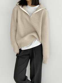 DAZY 1pc Quarter Zip Drop Shoulder Sweater,Long Sleeve Tops,Fall Clothes - Khaki - View 7