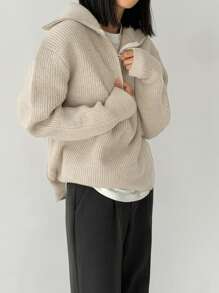 DAZY 1pc Quarter Zip Drop Shoulder Sweater,Long Sleeve Tops,Fall Clothes - Khaki - View 8