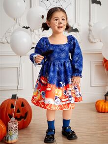 小女童萬聖印花方領荷葉袖洋裝