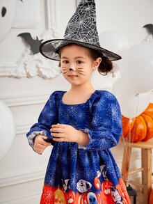 小女童萬聖印花方領荷葉袖洋裝