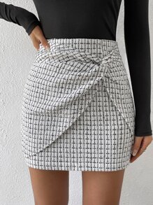 Chiquease Twist Front Plaid Bodycon Skirt - Black and White - View 1