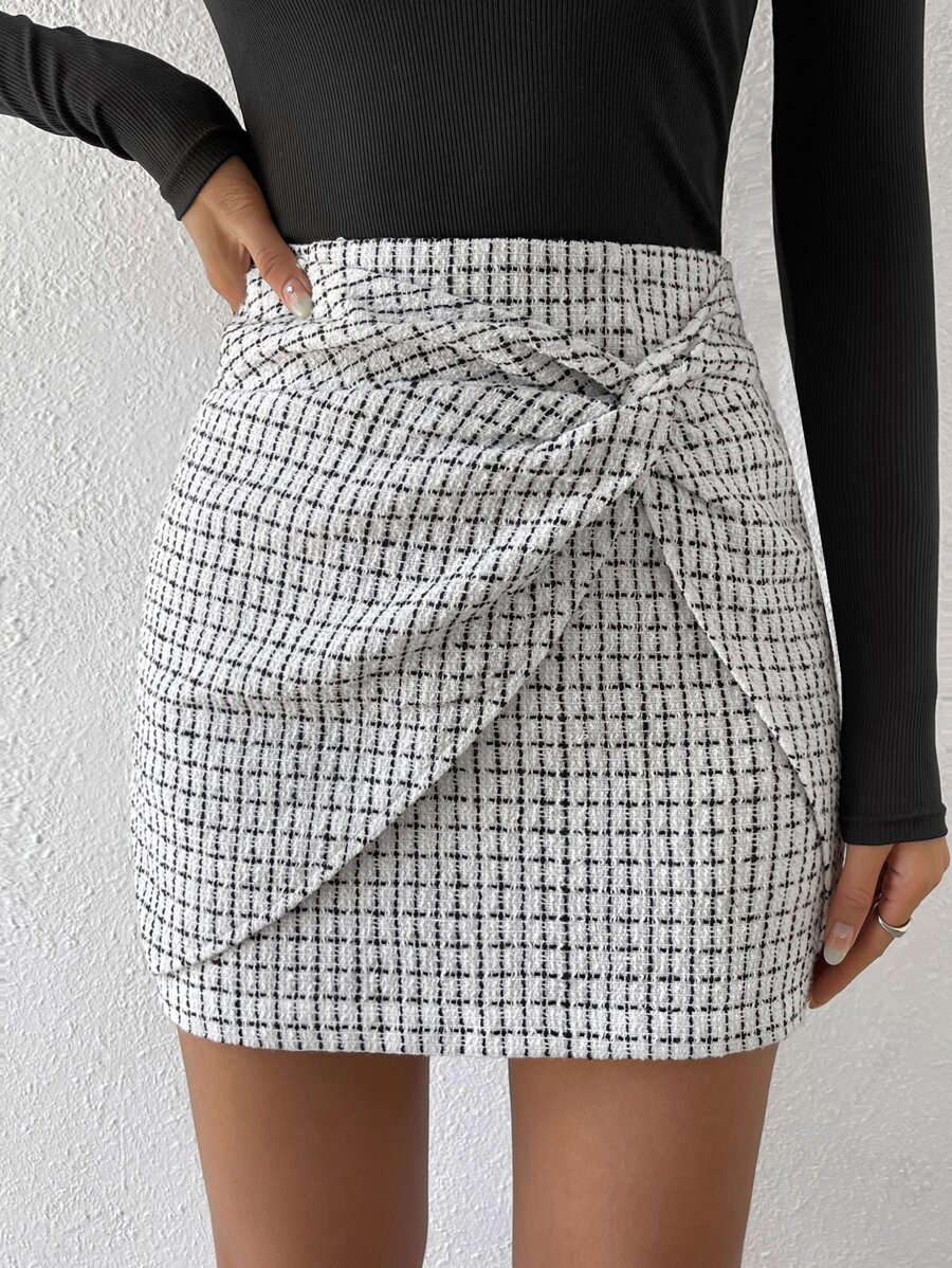 Chiquease Twist Front Plaid Bodycon Skirt - Black and White - View 1