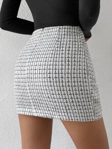 Chiquease Twist Front Plaid Bodycon Skirt - Black and White - View 2