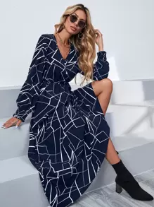 SHEIN Clasi Geo Print Shirred Cuff Lantern Sleeve Dress - Royal Blue - View 1