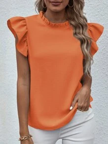 SHEIN LUNE Frill Neck Butterfly Sleeve Blouse - Orange - View 6