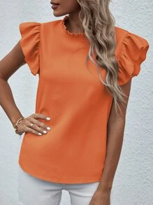 SHEIN LUNE Frill Neck Butterfly Sleeve Blouse - Orange - View 4
