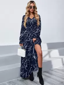 SHEIN Clasi Geo Print Shirred Cuff Lantern Sleeve Dress - Royal Blue - View 5