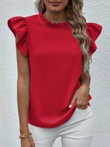 Chiquease Mock Neck Frill Trim Ruffle Blouse For New Year Clothes - Red - View 6
