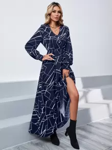 SHEIN Clasi Geo Print Shirred Cuff Lantern Sleeve Dress - Royal Blue - View 6