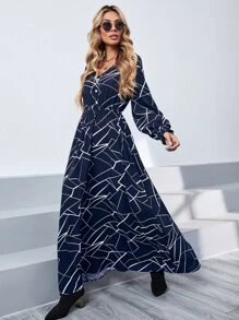 SHEIN Clasi Geo Print Shirred Cuff Lantern Sleeve Dress - Royal Blue - View 7