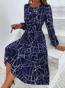 SHEIN LUNE 幾何印花腰帶A字連衣裙 - 藏蓝色 - 查看 1
