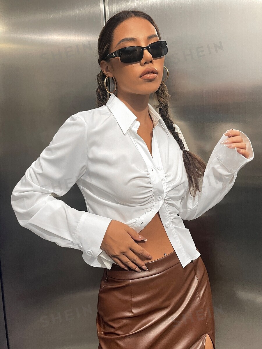 SHEIN EZwear Spring Solid Ruched Curved Hem White Shirt | SHEIN USA