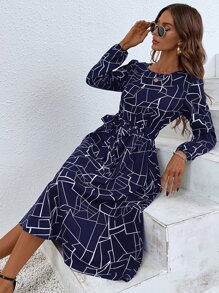 SHEIN LUNE 幾何印花腰帶A字連衣裙 - 藏蓝色 - 查看 5