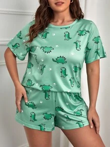 Conjunto de pijama con estampado de pata y dinosaurio talla grande - Verde - Ver 3