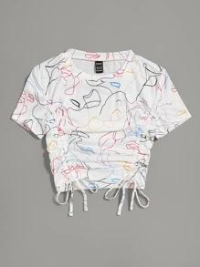Elamini Abstract Figure Graphic Drawstring Front Tee Graphic Tees Women Tops - Multicolor - View 3