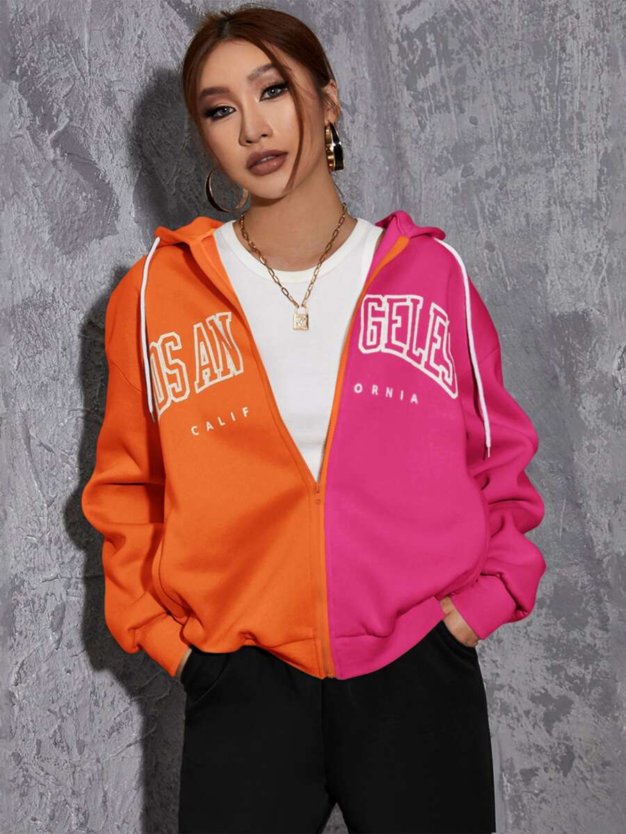 Muchica Letter Graphic Colour Block Drop Shoulder Thermal Drawstring Hoodie - Multicolor - View 1