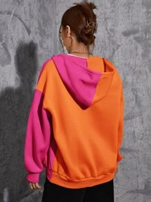 Muchica Letter Graphic Colour Block Drop Shoulder Thermal Drawstring Hoodie - Multicolor - View 2