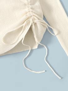 SHEIN 青少年女孩抽繩側收褶套頭毛衣 - 米色 - 查看 3