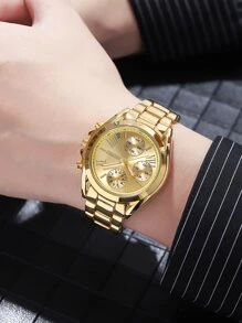 Skmei 男士防水圓形指針石英手錶 - 金色 - 查看 3