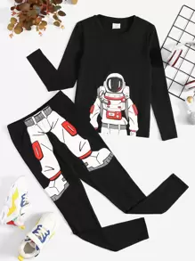 SHEIN Tween Boy Astronaut Print Snug Fit PJ Set - Black - View 1