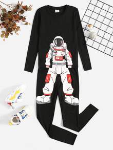 SHEIN Tween Boy Astronaut Print Snug Fit PJ Set - Black - View 3