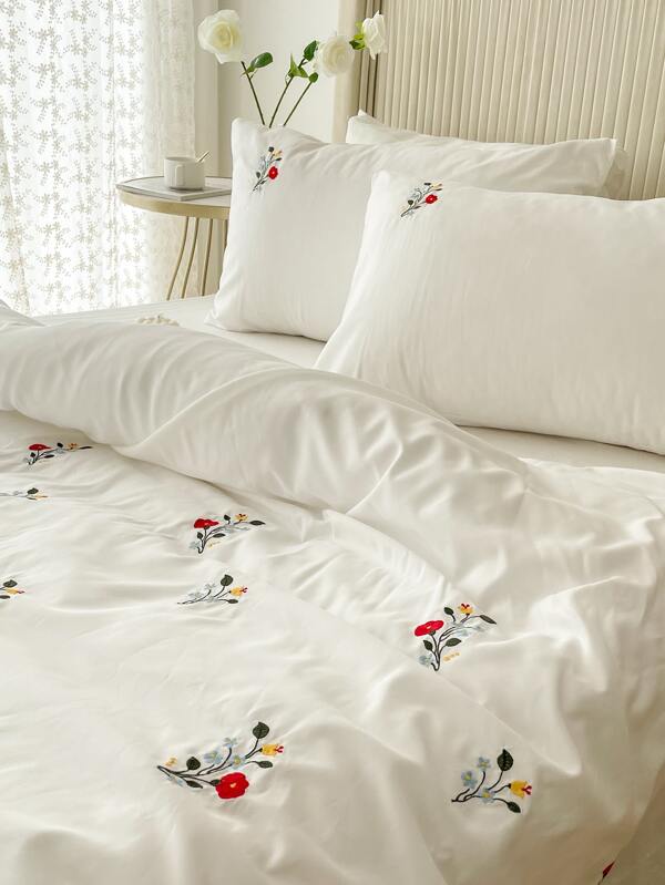 Floral Embroidered Duvet Cover Set Without Filler SHEIN USA