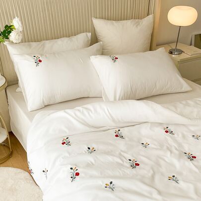 Floral Embroidered Duvet Cover Set (Without Filler)