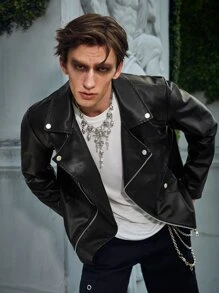 Manfinity Roghcode Men Zip Up PU Biker Jacket - Black - View 1