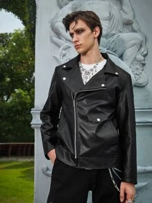 Manfinity Roghcode Men Zip Up PU Biker Jacket - Black - View 4