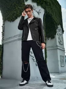 Manfinity Roghcode Men Zip Up PU Biker Jacket - Black - View 5