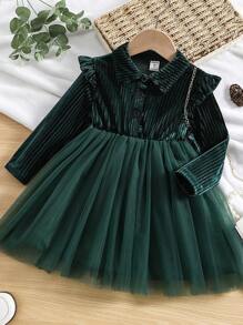 Niñas Vestido ribete con fruncido de malla en contraste de terciopelo - Verde Oscuro - Ver 1
