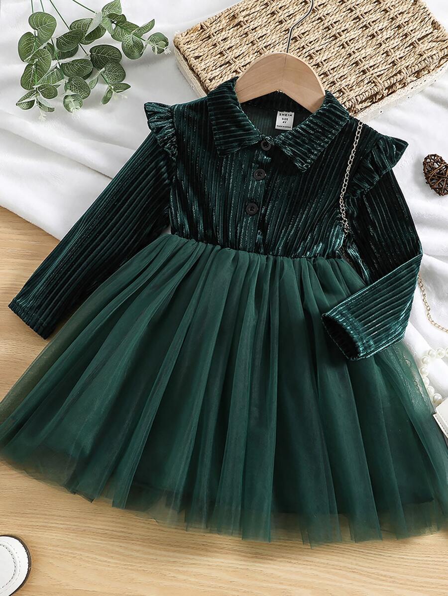 Niñas Vestido ribete con fruncido de malla en contraste de terciopelo - Verde Oscuro - Ver 1