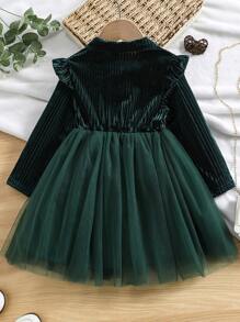 Niñas Vestido ribete con fruncido de malla en contraste de terciopelo - Verde Oscuro - Ver 2
