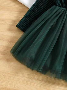 Niñas Vestido ribete con fruncido de malla en contraste de terciopelo - Verde Oscuro - Ver 4