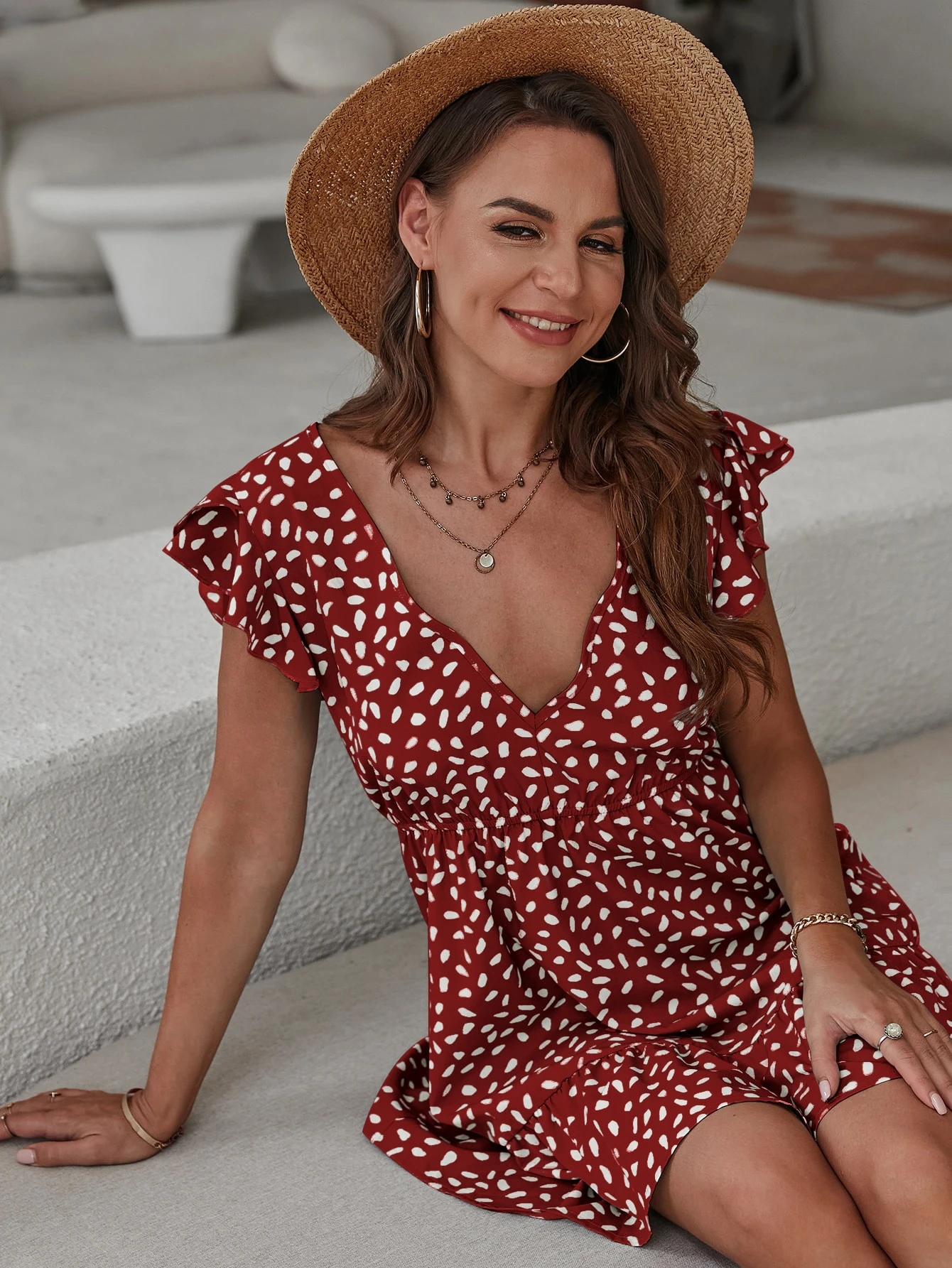 Miniatura 5 de Vestido línea A con estampado de manga mariposa Burdeos