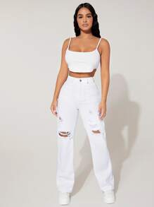 SHEIN PETITE High Waist Ripped Frayed Straight Leg Jeans