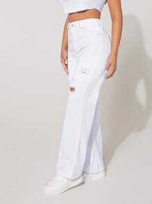 SHEIN PETITE High Waist Ripped Frayed Straight Leg Jeans