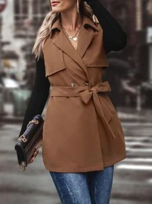 SHEIN LUNE Double Breasted Belted Vest Coat Without Jumper - Brown - View 4