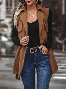 SHEIN LUNE Double Breasted Belted Vest Coat Without Jumper - Brown - View 1