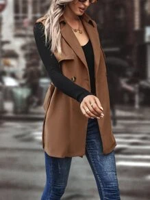 SHEIN LUNE Double Breasted Belted Vest Coat Without Jumper - Brown - View 5