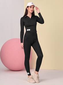 Seusyu Letter Patched Detail Tee & Ruched Leggings - Black - View 1