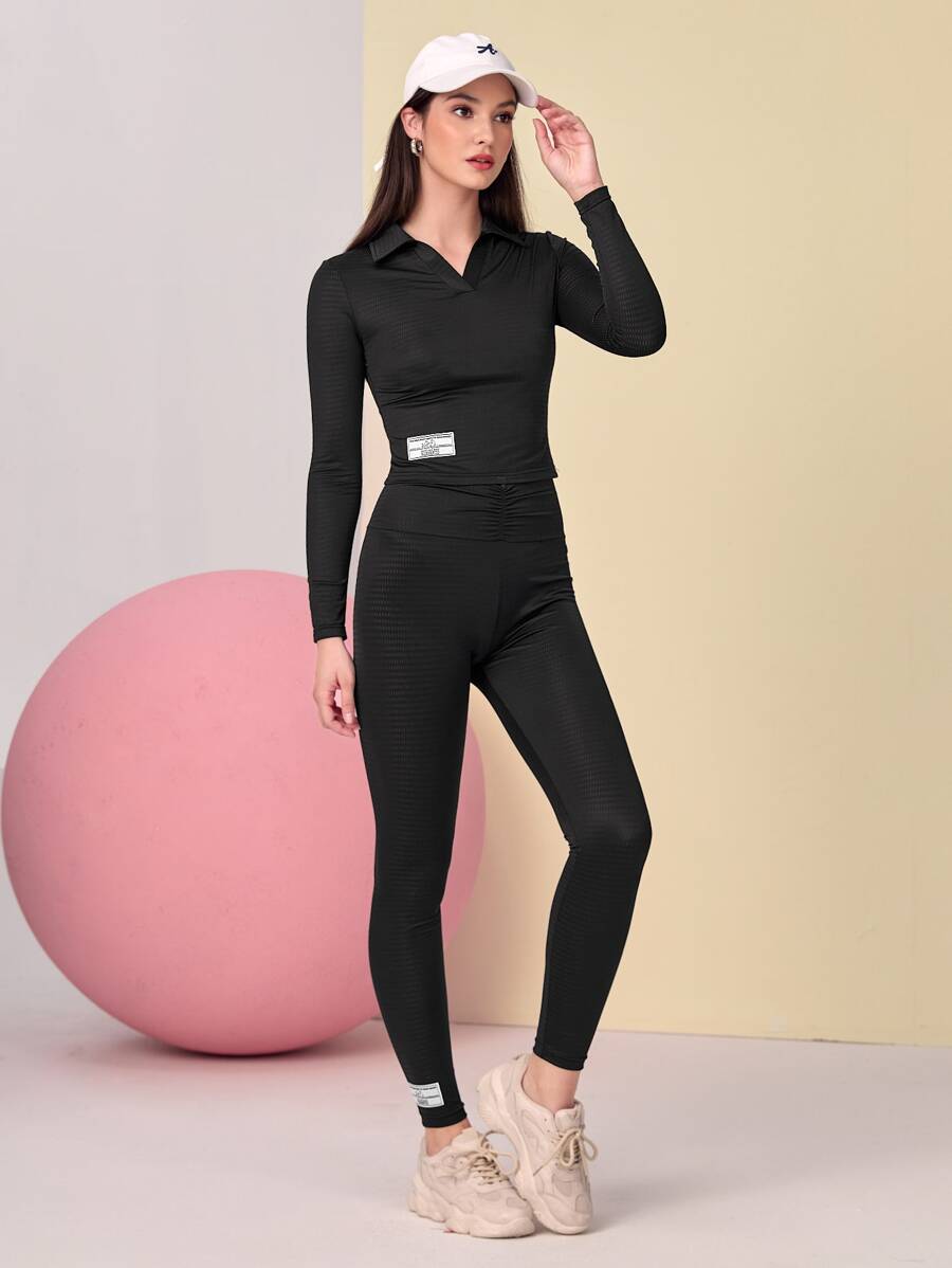 Seusyu Letter Patched Detail Tee & Ruched Leggings - Black - View 1