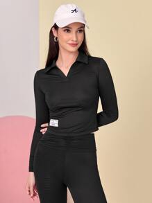 Seusyu Letter Patched Detail Tee & Ruched Leggings - Black - View 6