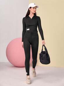 Seusyu Letter Patched Detail Tee & Ruched Leggings - Black - View 3