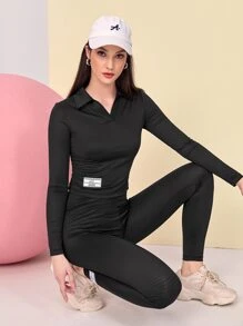 Seusyu Letter Patched Detail Tee & Ruched Leggings - Black - View 5