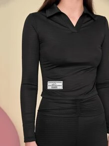 Seusyu Letter Patched Detail Tee & Ruched Leggings - Black - View 4