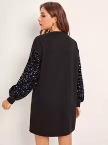SHEIN Clasi 亮片拼接燈籠袖洋裝 - 黑色 - 查看 2