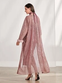 Modelyn Contrast Sequin Fuzzy Cuff Coat & Bodycon Dress 2 Piece Set