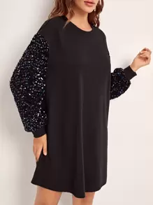 SHEIN Clasi 亮片拼接燈籠袖洋裝 - 黑色 - 查看 5